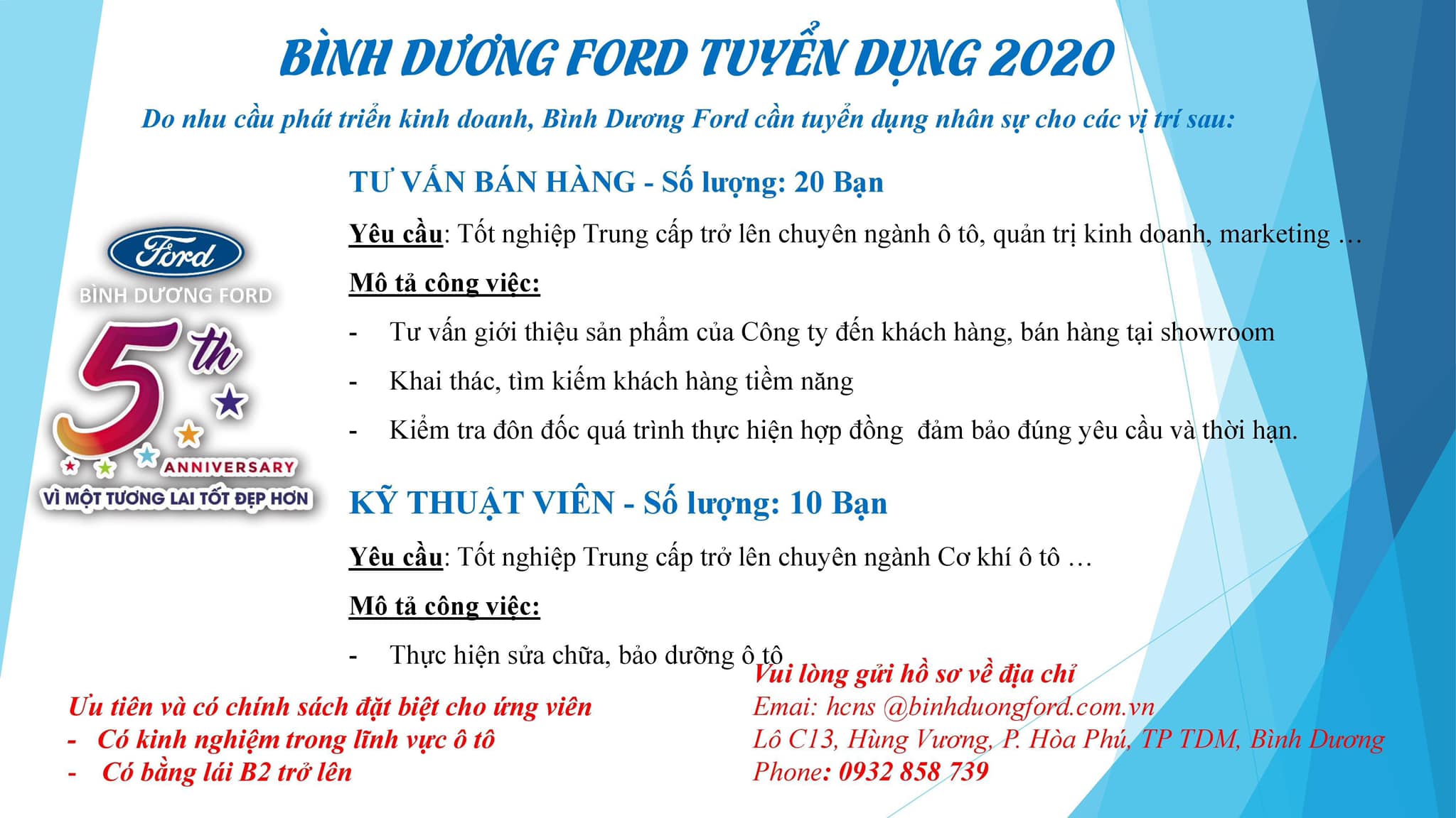 Ford B&igrave;nh Dương Tuyển dụng nh&acirc;n sự năm 2020